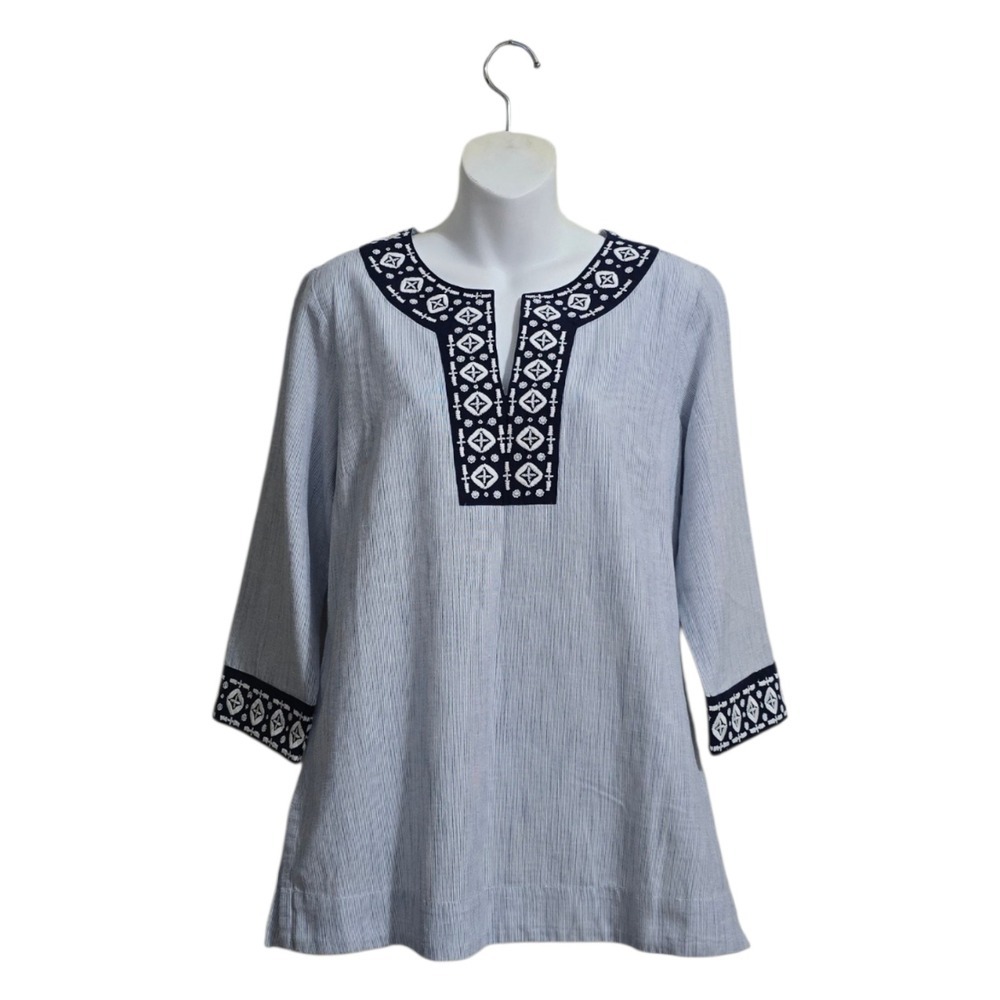Tommy Bahama Embroidered Split Neck 3/4 Sleeve Flax Blend Tunic Top Sz S